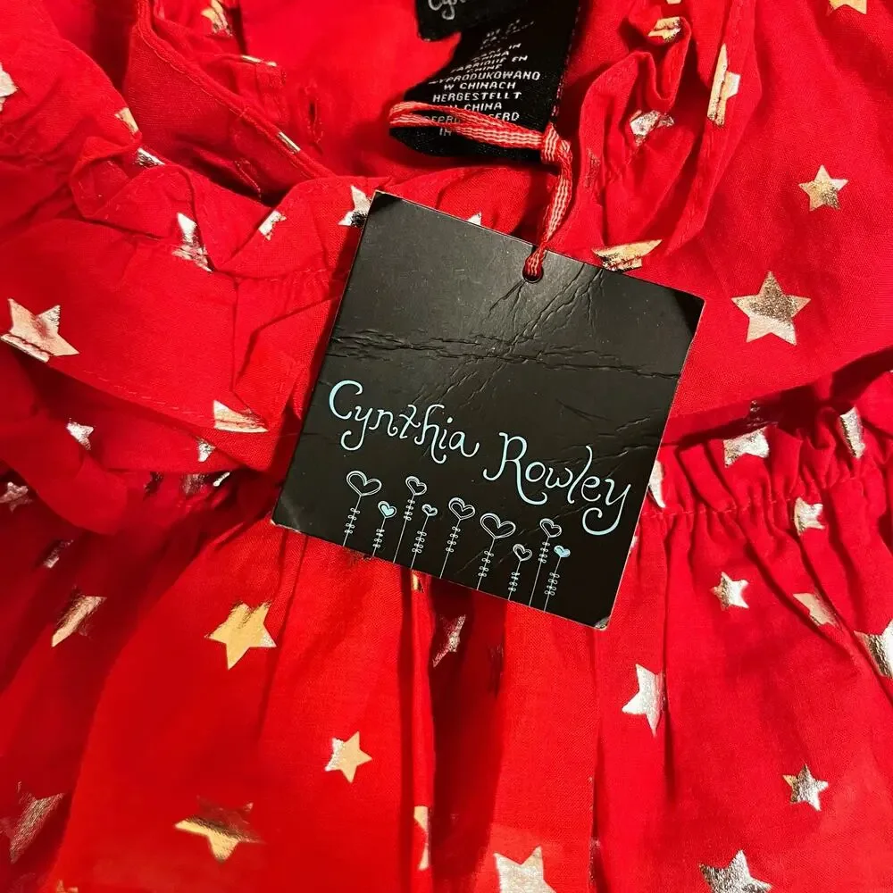 Cynthia Rowley Girls 2T Red Silver Star Print Ruffle Party Dress Holiday Toddler